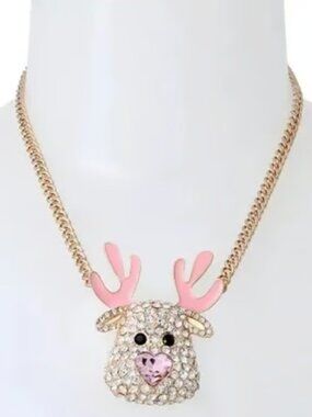 Betsey Johnson Christmas Gold and Pink Reindeer Pendant Necklace